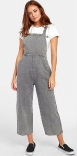 NEW RVCA Crystal Denim Overalls Gray Stripes Wide Leg Crop 100% Cotton Size M Photo 0