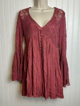 Free People Burgundy Lace Bell Sleeve Mini Dress With Slip Photo 0