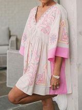 Embroidered Dress Pink Cream Boho Western M/L by Blue Velvet Size L Photo 0