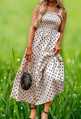 ZARA POLKA DOT MIDI TIERED BABYDOLL DRESS Cotton Viscose Sz L Photo 0