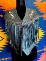 VTG Frontier Leather Fringe Lace up Hand Beaded Southwestern Vest! Black Size L Photo 0
