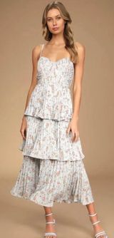 Lulus Blue Floral Print Tiered Bustier Midi Dress I Womens | Large Photo 0