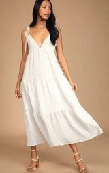 Lulus Let the Sun Beam White Tie-Strap Tiered Pocket Midi Dress Photo 0