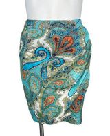 Sunny Leigh  Womens Paisley Print Tulip Hem Pleated Linen Skirt Teal Size 10 EUC Photo 0