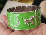 Vintage Silver Green Equestrian Horse Clamper / Hinge Bracelet Photo 0