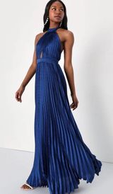 NWT Midnight Moves Navy Blue Pleated Satin Cutout Halter Maxi Dress Photo 0