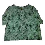 Ophelia Roe Blouse L green black animal print 1 button back Rouched Puff Sleeve Photo 0