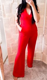 EXPRESS Red Cross Back Wide Leg Jumpsuit Photo 0