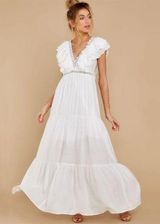 NWT, White Deep V-Neck Ruffle Maxi Dress, large Photo 0