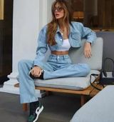 Zara Long Sleeve Buttoned Collared Crop Denim Jean Jacket Blue Women's Size S Photo 0