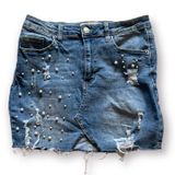 Angel Kiss Womens Denim Jean Mini Skirt Blue Sz M Distressed Pearl Embellishment Photo 0