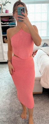 Pink Crochet Two Piece Skirt Set  Photo 0