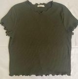 Olive Green Ribbed Crop Top with Lettuce Edge Photo 0
