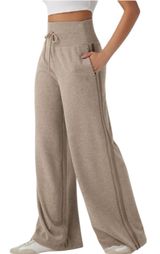 NWOT Halara Ribbed High Waisted Tummy Control Wide Leg Sweatpants Beige Small Photo 0