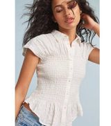Maeve Anthropologie Bellamy Button Down Smocked Shirt Cotton Linen in White XS Photo 0