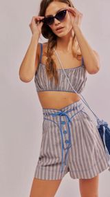 Sunday Stroll Set Grey Blue Striped Crop Top Shorts Size XS $148 Photo 0