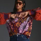 Anthropologie Bl^nk Contrast Eyelet Pullover Top Purple Motif  Floral mixed NWT Photo 0