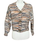 LOFT Striped V-Neck Chunky Button Cropped Cardigan Sweater Orange Gray Size M Photo 0