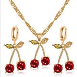18K Gold Plated Cherry Jewelry Set Cherry Pendant Necklace Crystal Cherry Dangle Drop Earrings(2pcs/set) Photo 0