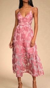 NWT Lulus Pink Feeling Like Forever Floral Organza Lace Up Midi Dress MEDIUM Photo 0
