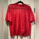 Aqua Pink High Neck Ruffle Sleeve Embroidered Flowy Babydoll Blouse Size M Photo 0