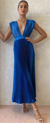 Cherley Deep V Neck Pleated Backless Formal Dress Blue Photo 0
