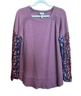 Knox Rose Top Womens Large Multicolor Floral Sleeves Waffle Knit Stretch Blouse Photo 0