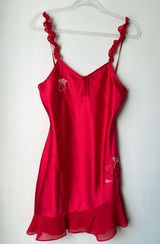 Vintage 00s Y2K Enchanting Red Satin Embroidered Ruffle Slip Dress S Photo 0