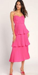 Lulus Cascading Crush Hot Pink Tiered Midi Dress Photo 0