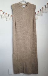 Mable Cable Open Knit Beige Tan High Neck Padded Maxi Dress Boho Modest Neutral Brown Size M Photo 0