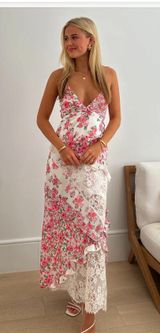 Ditsy Floral Print Deep V Neck Lace Patchwork Backless Slip Maxi Dresses Photo 0