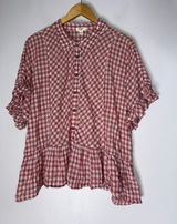DYLAN‎ Airy Cotton Mauve Gingham check Peplum Ruffle Oversized TOP Blouse Large Photo 0