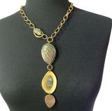 Boho beach gold tone Y-drop Mother of Pearl abalone shell contemporary necklace Photo 0