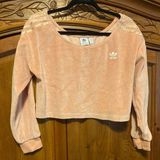 Adidas Velour Off The Shoulder Cropped Sweatshirt Women's Size Small Peach Pink Photo 0