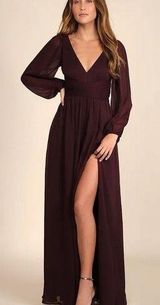 Lulus Enchant My Love Dark Purple V-Neck Long Sleeve Maxi Dress Size Small Sheer Photo 0