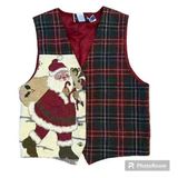 Vintage Christmas Tapestry Tartan Plaid Santa Vest Made In USA Size Medium 80s Red Photo 0