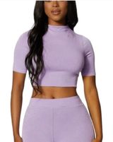 Naked Wardrobe Mock Neck Ribbed Short Sleeve Crop Top Lavender‎ Size Large NWOT Photo 0