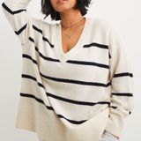 Aerie Unreal V-Neck Striped Sweater Size Small Oversized Cream Navy Photo 0