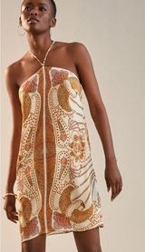 Farm Rio Women's S Halter Mini Dress Gold Tropical Boho Print Paisley Beach Photo 0