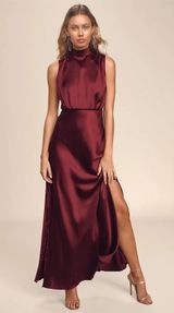 Lulus Classic Elegance Wine Satin Maxi Dress Wedding Bridesmaid Luxury Size S Photo 0
