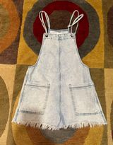 Chambray Denim Light Acid Wash Frayed Overalls Shorttalls Shorts Small Photo 0