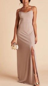 NWOT Birdy Grey Taupe Ash Dress Crepe Knit Slit Cowl Neck Small Bridesmaid Photo 0