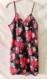 Vintage Violets & Roses Black Pink Red Floral Print Silk Slip Lingerie Satin Photo 0