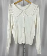Calligraphie Medium Elegant Ribbed Retro White Knit Cardigan Platter Collar Photo 0