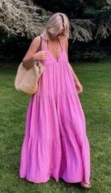 ZARA Cotton Candy Pink Tiered Maxi Dress Size XS Oversized Ties at Shoulder Photo 0