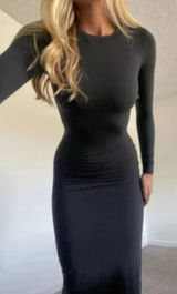 SKIMS Fits Everybody Long Sleeve Crewneck Dress in Onyx Black Size Medium Photo 0