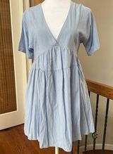 Blue chambray tiered ruffle V-Neck mini Dress spring boho festival Photo 0