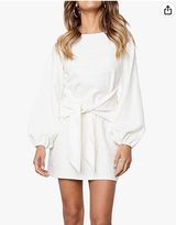 White Long Lantern Sleeve Short Dress Crewneck Tie Waist Photo 0