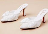 White Satin Textured Bow Heel Mules! Size 11 Photo 0