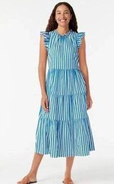 J. CREW Tiered Cotton Dobby Dress in Cape Stripe Ivory Cove Size Extra Small Photo 0